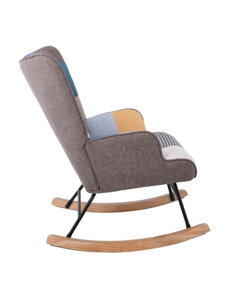 ALMA Rocking Πολυθρόνα Μπερζέρα Καθιστικού, Ύφασμα Patchwork, Βάση Μαύρο-Φυσικό