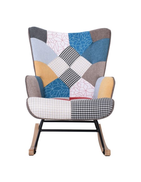 ALMA Rocking Πολυθρόνα Μπερζέρα Καθιστικού, Ύφασμα Patchwork, Βάση Μαύρο-Φυσικό