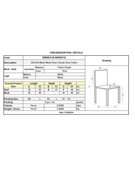 CELINA Καρέκλα Μέταλλο Βαφή Μαύρο, Ύφασμα Suede Ανθρακί