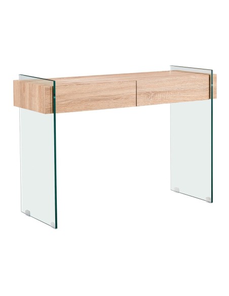 GLASSER Wood Κονσόλα Διάφανο Γυαλί 12mm - με Συρτάρια Απόχρωση Δρυς