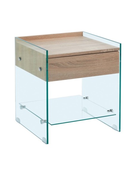 GLASSER Wood Κομοδίνο Διάφανο Γυαλί 10mm - με Συρτάρι Απόχρωση Δρυς