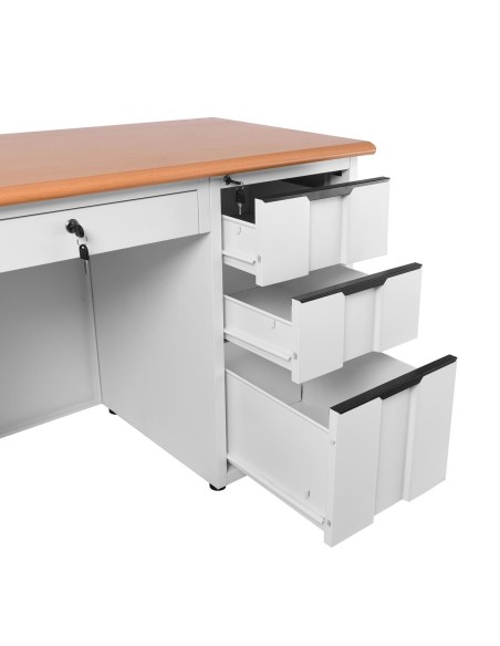 ΓΡΑΦΕΙΟ 6-Συρτάρια, Μέταλλο Βαφή Άσπρο, Επιφάνεια Απόχρωση Maple