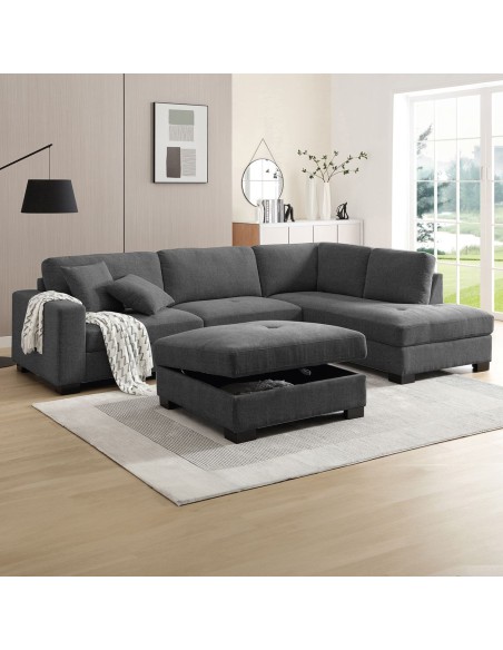 DORNO Καναπές Σαλονιού Αριστερή Γωνία με Αποθηκευτικό Σκαμπό, Ύφασμα Ανθρακί