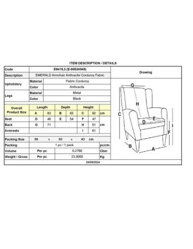 EMERALD Armchair Anthracite Corduroy...