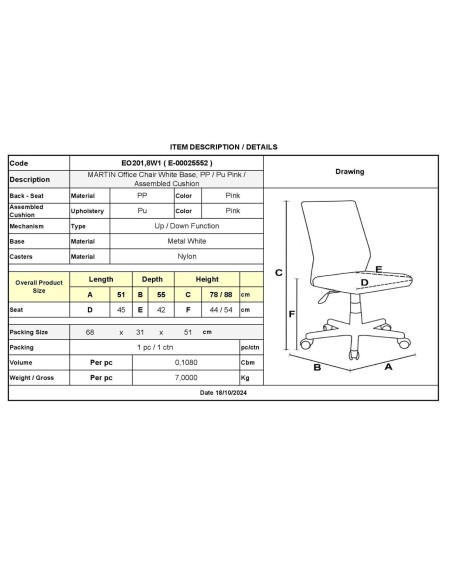 MARTIN Office Chair White Base, PP-Pu Pink (assembled cushion)