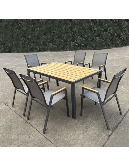 VIRNA Set Τραπεζαρία: Τραπέζι + 6 Πολυθρόνες, Μέταλλο Βαφή Ανθρακί, Polywood Φυσικό