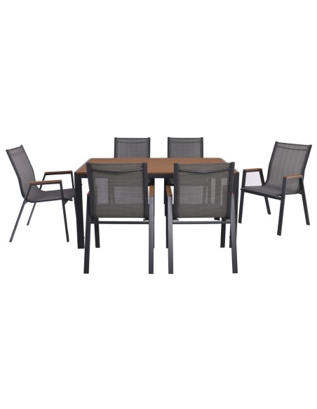 VIRNA Set Τραπεζαρία: Τραπέζι + 6 Πολυθρόνες, Μέταλλο Βαφή Ανθρακί, Polywood Φυσικό