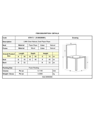 LIMA Chair Natural, Seat Paper Rope...