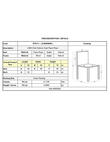 LIMA Chair Natural, Seat Paper Rope Natural