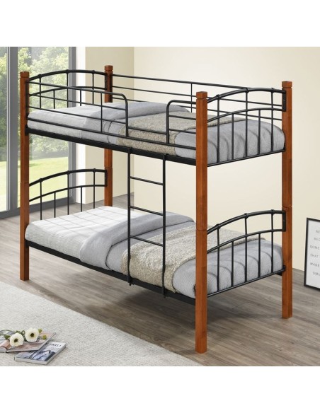 NORTLAN Κρεβάτι Κουκέτα Μέταλλο Βαφή Μαύρο, Ξύλο Καρυδί