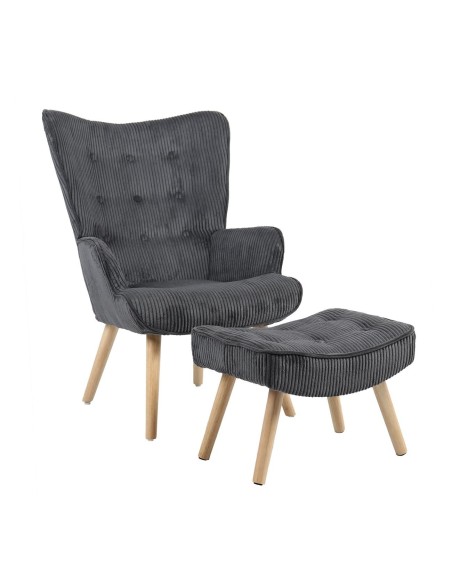 ALMA Πολυθρόνα - Μπερζέρα με Σκαμπό - Υποπόδιο Φυσικό Ύφασμα Κοτλέ Γκρι, K-D