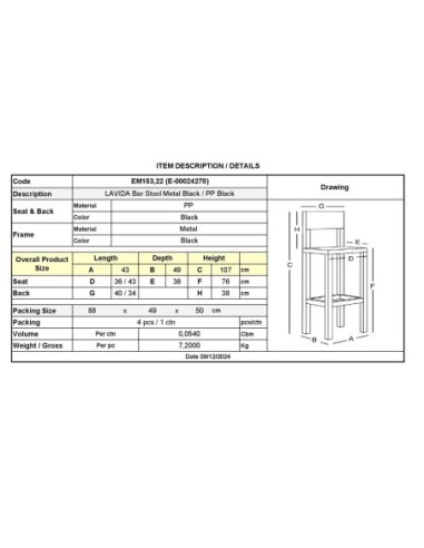LAVIDA Bar Stool Metal & PP Black Color