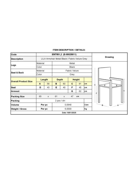LILA Armchair Metal Black-Fabric Velure Grey