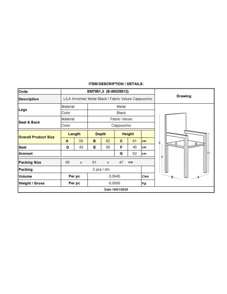 LILA Armchair Metal Black-Fabric Velure Cappuccino