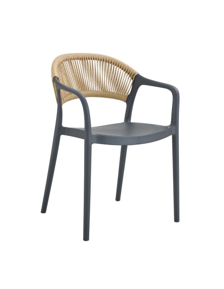 DONNA Πολυθρόνα-Pro Στοιβαζόμενη, PP-UV Ανθρακί, Rope Wicker Φυσικό