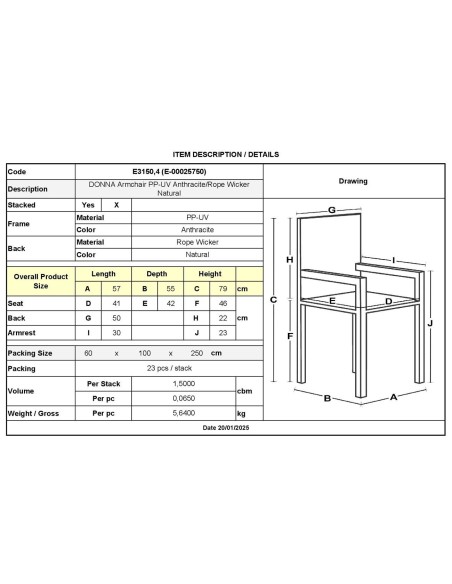 DONNA Πολυθρόνα-Pro Στοιβαζόμενη, PP-UV Ανθρακί, Rope Wicker Φυσικό