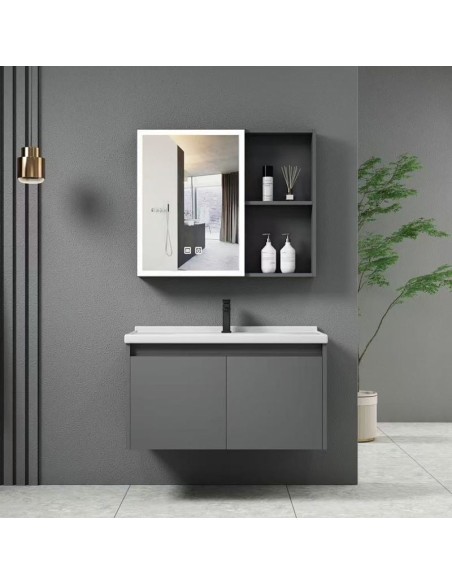 IDEA-1 Set Έπιπλο Μπάνιου Γκρι, Καθρέπτης LED + Πάγκος με Νιπτήρα και Μπαταρία