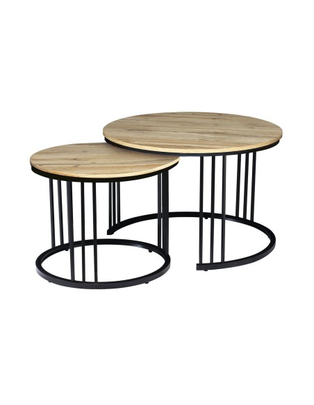 BOZZO Set-2 Coffee Tables D.50cm+D.70cm Metal Black-Mdf Sonoma