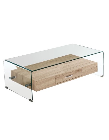 GLASSER Wood Τραπεζάκι Σαλονιού Γυαλί 12mm - Ράφι με Συρτάρι Απόχρωση Δρυς