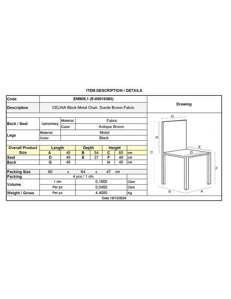 CELINA Black Metal Chair, Suede Brown Fabric