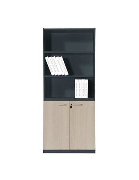 PROGRESS Βιβλιοθήκη Γραφείου, 3 Ράφια, Ντουλάπι Δίφυλλο με 2 Ράφια, Απόχρωση Elm-Sky Grey