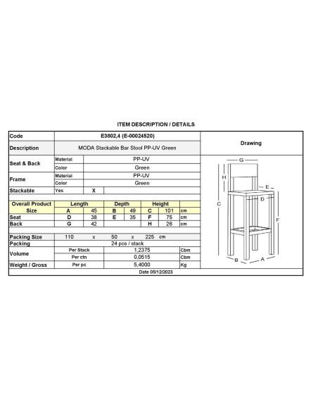 MODA Σκαμπό Bar-Pro Στοιβαζόμενο, PP-UV Protection Απόχρωση Πράσινο