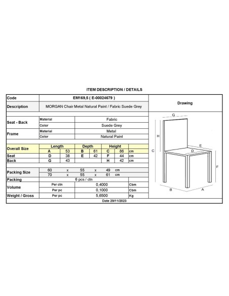 MORGAN Καρέκλα Τραπεζαρίας Σαλονιού, Μέταλλο Βαφή Φυσικό, Ύφασμα Suede Ανθρακί