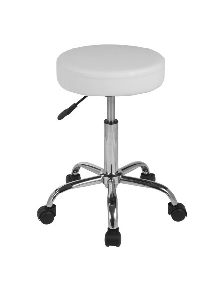 GLORY Σκαμπό, Βάση Χρώμιο, PU Άσπρο, Ρυθμιζόμενο Ύψος, Περιστρεφόμενο, Τροχήλατο