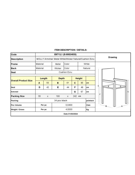 MOLLY Armchair Metal White-Wicker Natural-Cushion Ecru
