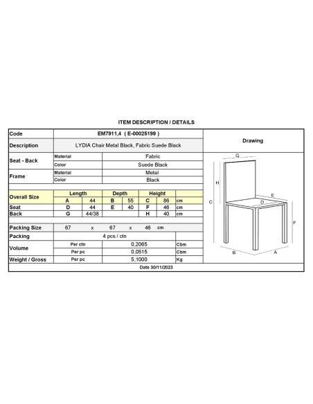 LYDIA Chair Metal Black, Black Suede Fabric