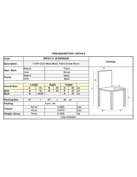 LYDIA Chair Metal Black, Brown Suede Fabric