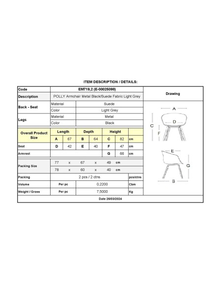 POLLY Armchair Metal Black-Suede Fabric Light Grey