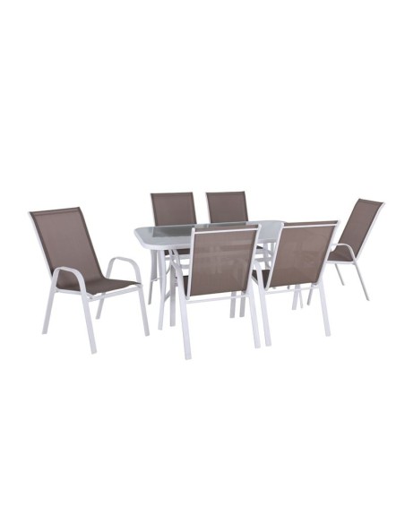 RIO Set(Table 150x90cm+6 Armchairs) Metal White-Text.Cappuccino