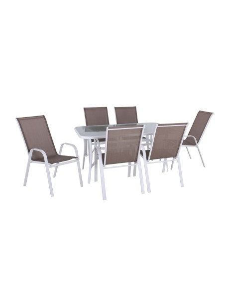 RIO Set(Table 150x90cm+6 Armchairs) Metal White-Text.Cappuccino