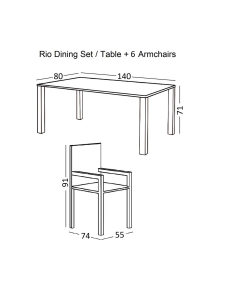 RIO Set(Table 140x80cm+6 Armchairs) Metal White-Text.Cappuccino