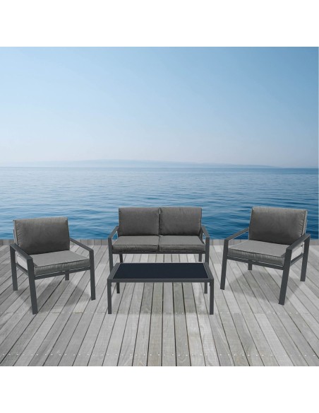 RIVIAN Set Σαλόνι Κήπου 4τεμ, Μέταλλο Βαφή Ανθρακί, Μαξιλάρια Γκρι