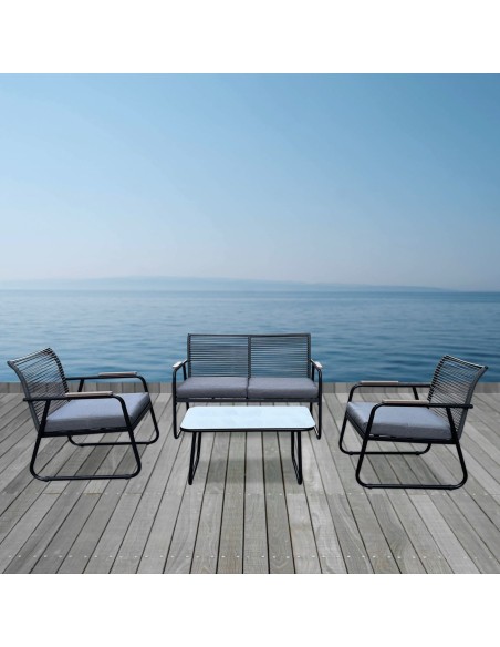 ROCCO Set Σαλόνι Κήπου 4τεμ, Μέταλλο Μαύρο,RopeWicker Γκρι, Μαξιλ.Σκούρο Γκρι, Γυαλί Μαύρο