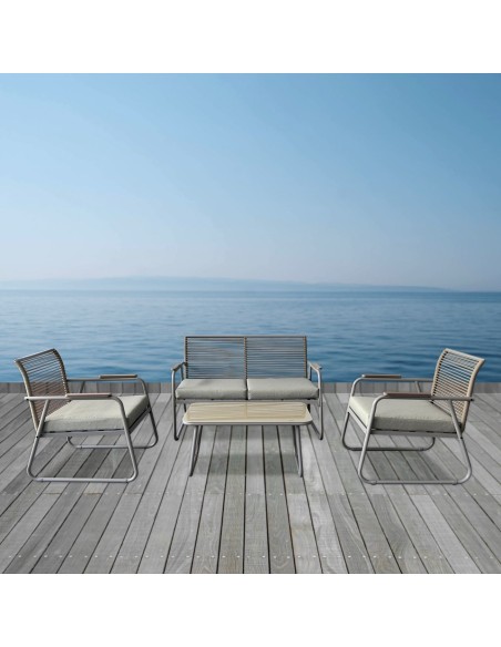 ROCCO Set Σαλόνι Κήπου 4τεμ, Μέταλλο Μπεζ, Rope Wicker Μπεζ, Μαξιλ.Μπεζ, Γυαλί Μπεζ