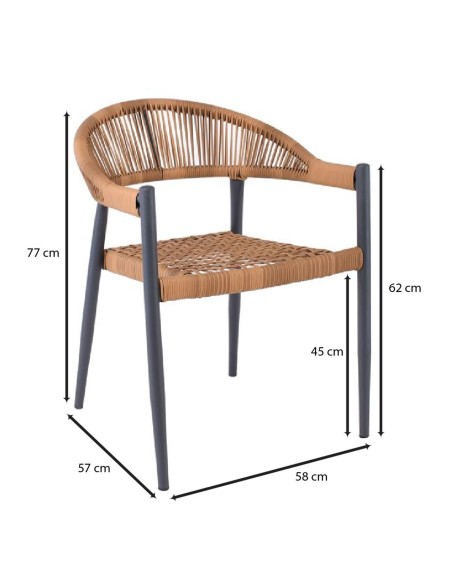 ZENYA Πολυθρόνα Βεράντας-Κήπου Μέταλλο Βαφή Ανθρακί, Rope Wicker Φυσικό, Στοιβαζόμενη