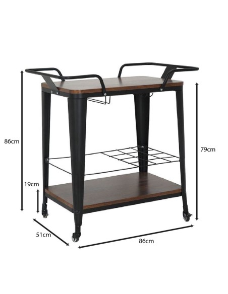 RELIX Trolley Bar-Pro Μέταλλο Βαφή Μαύρο, MDF Απόχρωση Καρυδί