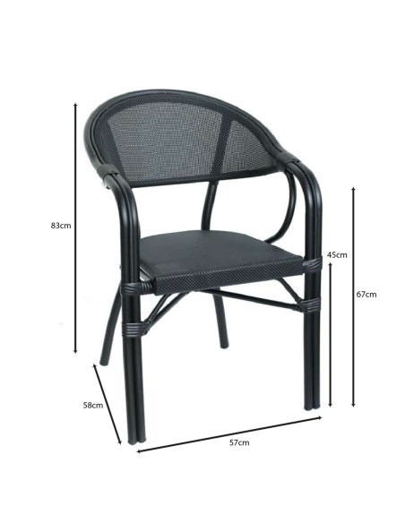 VEGERA Πολυθρόνα Dining Αλουμίνιο Βαφή Μαύρο Textilene Μαύρο, Στοιβαζόμενη