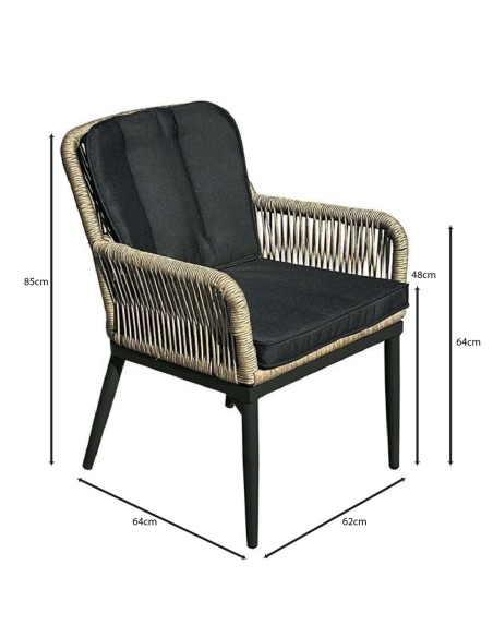 ALLEY Πολυθρόνα Τραπεζαρίας Κήπου ALU Ανθρακί, Rope Φυσικό 6mm, Μαξιλάρια Ανθρακί