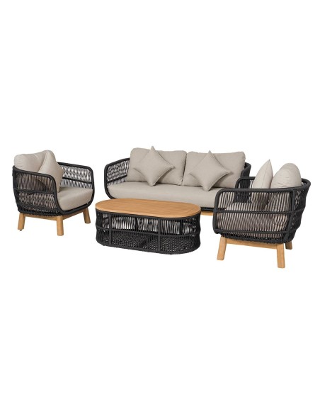 MARK Set (4pcs) Acacia Natural, Rope Wicker Black, Cushions Beige