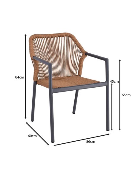 DINA Πολυθρόνα Βεράντας-Κήπου ALU Ανθρακί, Rope Wicker Φυσικό, Στοιβαζόμενη