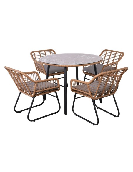 SALSA Dining Set (Table D.100+4 Armch) Metal Black-Wicker Natural, Cushions Grey