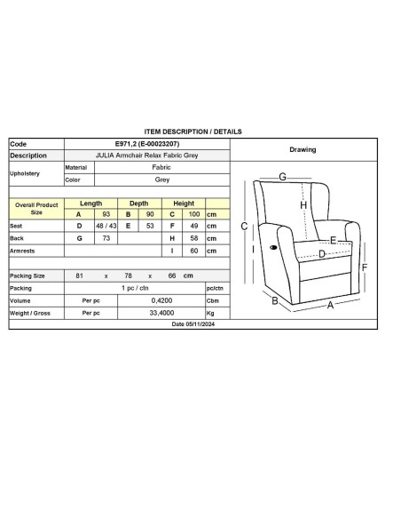 JULIA Relax Armchair, Fabric Grey
