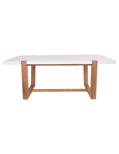 COMET Set Τραπεζαρία Ξύλινη: Τραπέζι+6 Καρέκλες, Φυσικό με Mdf Άσπρο Μάρμαρο,Ύφασμα Άσπρο