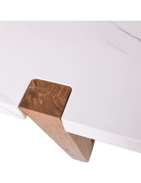 COMET Set Τραπεζαρία Ξύλινη: Τραπέζι+6 Καρέκλες, Φυσικό με Mdf Άσπρο Μάρμαρο,Ύφασμα Άσπρο