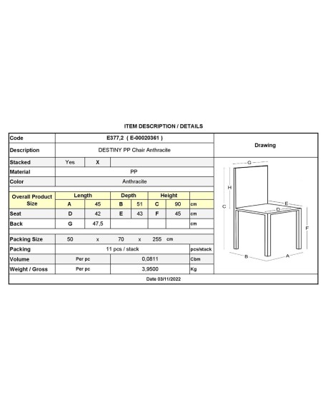 DESTINY Καρέκλα Πολυπροπυλένιο (PP), Απόχρωση Ανθρακί, Στοιβαζόμενη