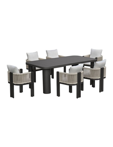 BOSTON Dining Set (Table 200x100cm+6 Armchairs) Alu Anthracite-Rope Wicker Beige